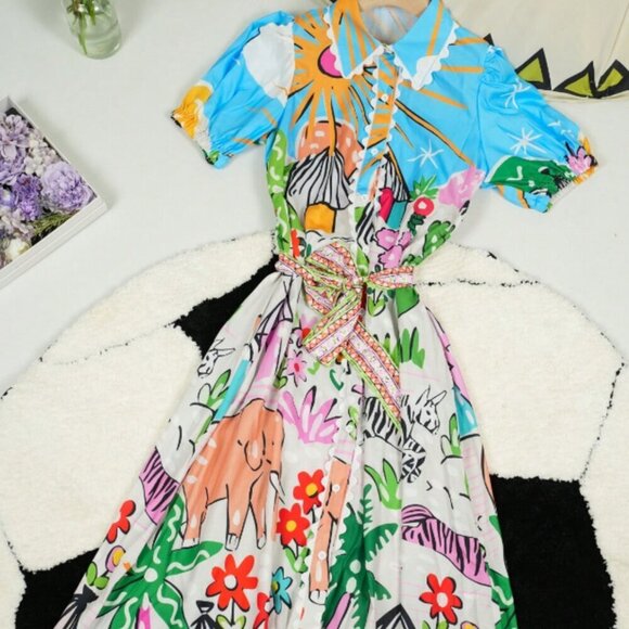 Boho Women's vacay Tropical Plant Print V-Neck Short Puff Sleeve maxi dress - Picture 7 of 8